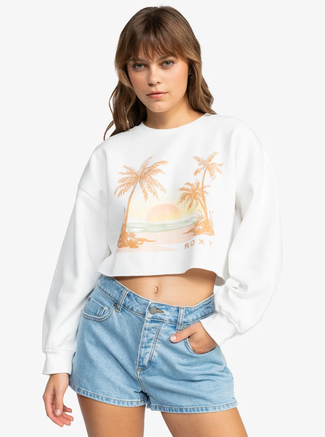 Sunset Beach Morning Hike Crop Sweatshirt - Snow White sold by Roxy