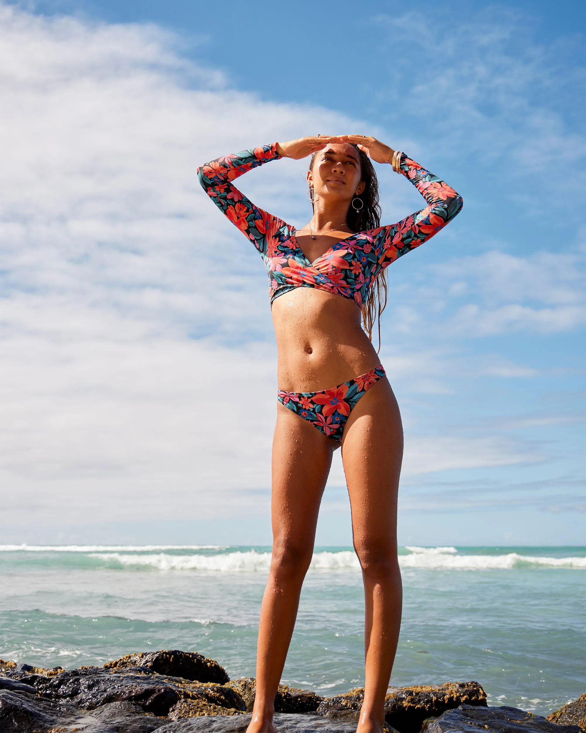 Floral Fiesta Long Sleeve Rashguard Crop Top - Anthracite
