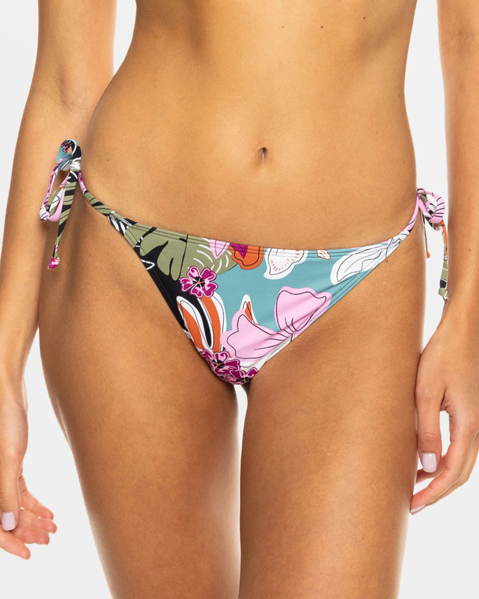 Beach Classics Tie Side Cheeky Bikini Bottom - Anthracite Moody Tropical Swim sold by Roxy