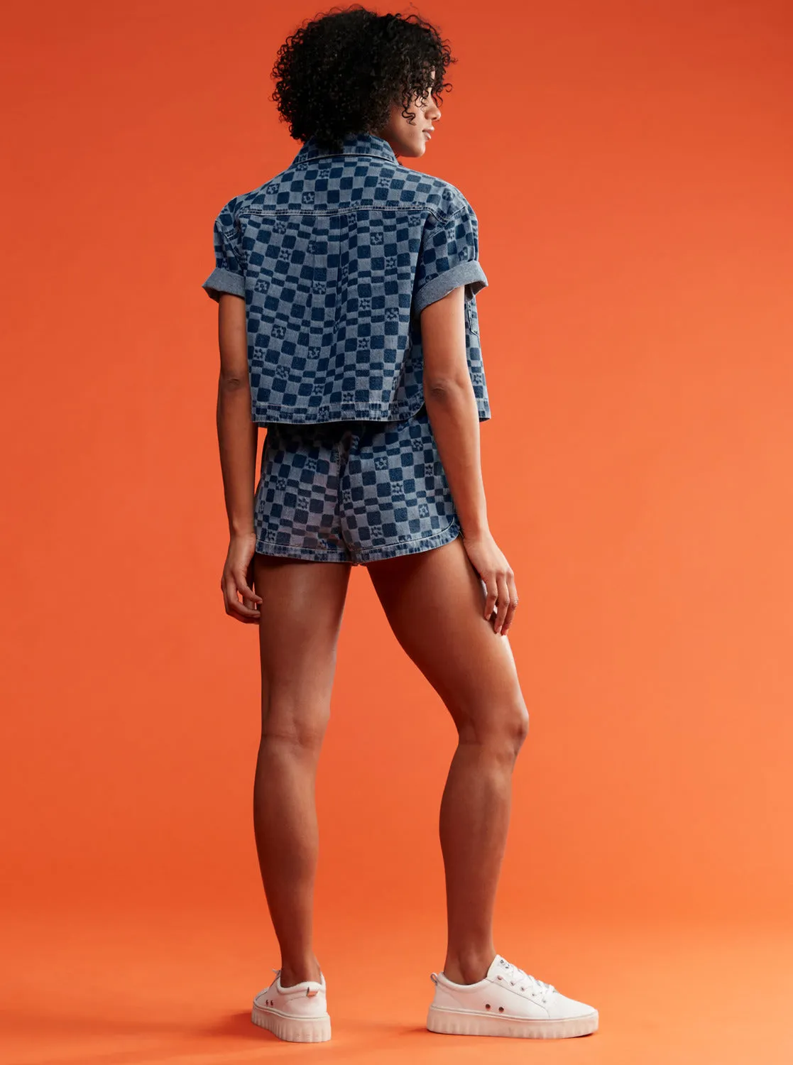 Blue Wave Club Printed Short Sleeve Crop Denim Shirt - Mood Indigo Sol Power sold by Roxy