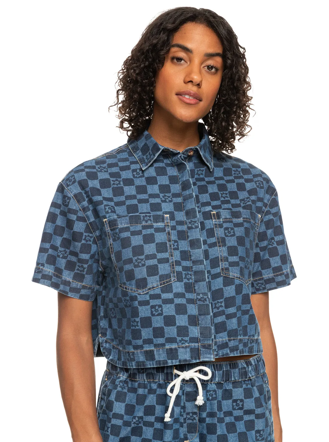 Blue Wave Club Printed Short Sleeve Crop Denim Shirt - Mood Indigo Sol Power sold by Roxy product image thumbnail 5