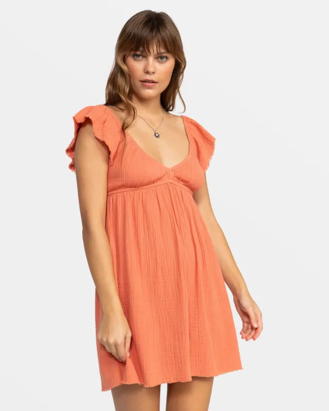 Luna Flutter Sleeves Mini Dress - Apricot Brandy sold by Roxy