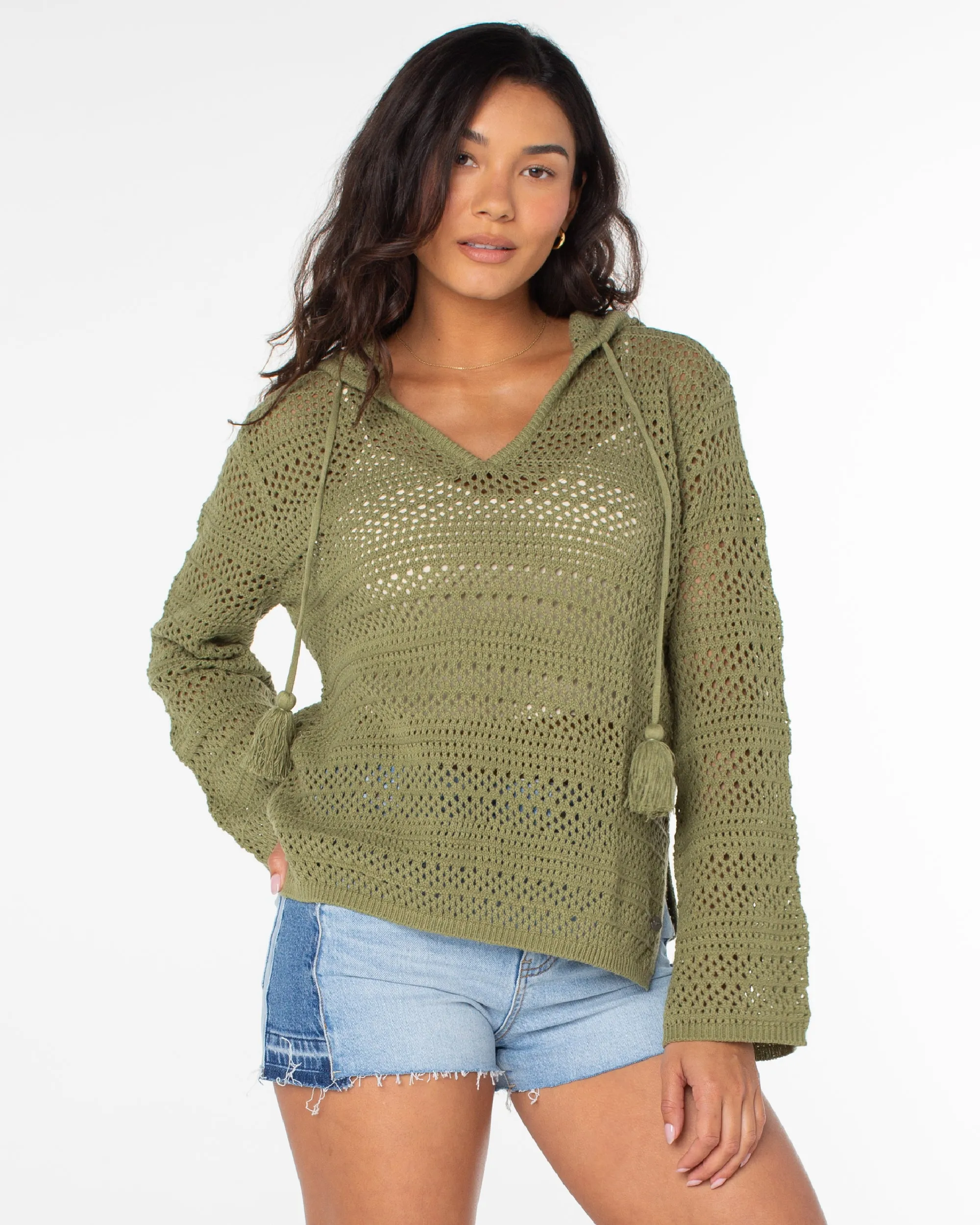 Hippie Love Open Knit Hooded Sweater - Oil Green sold by Roxy
