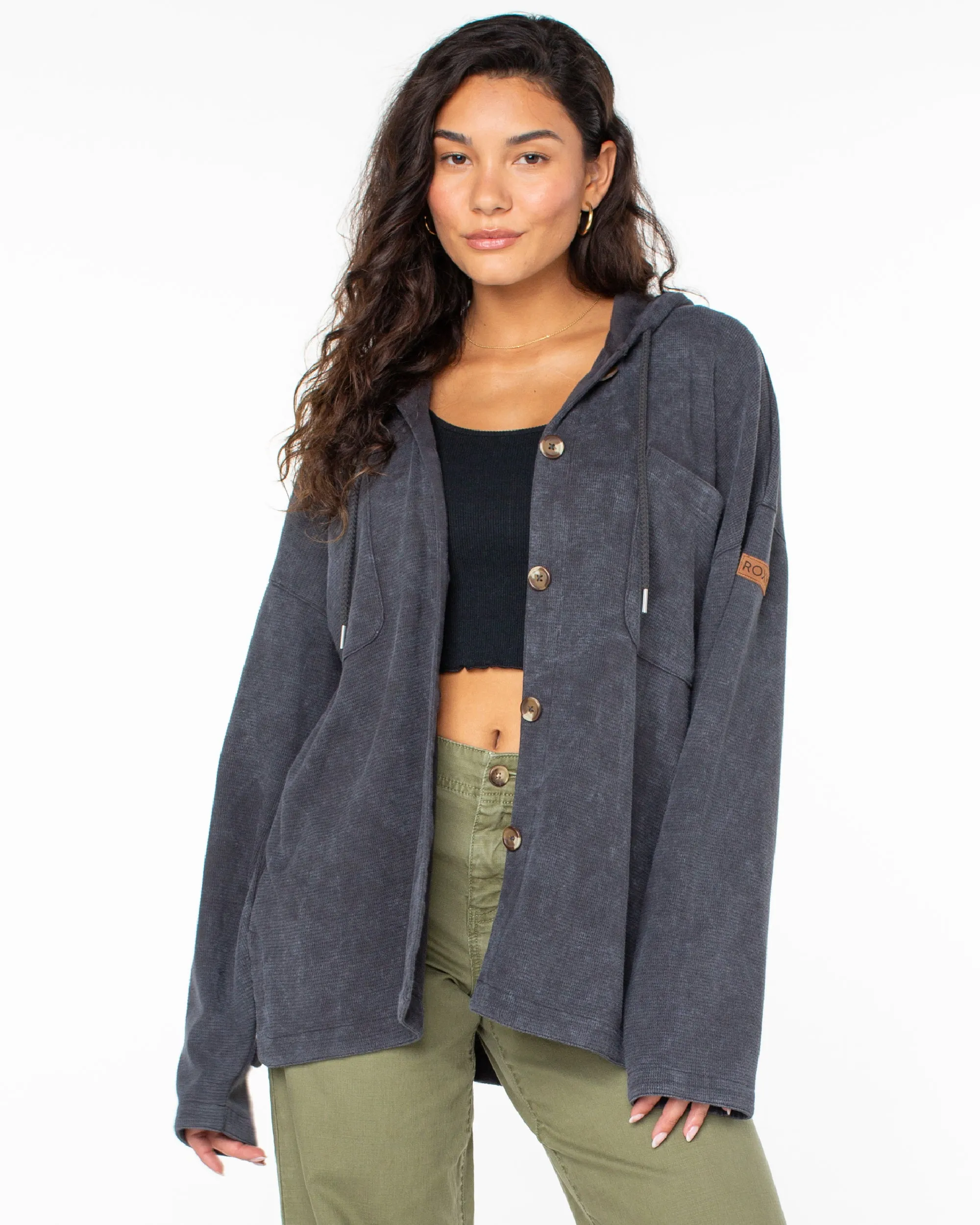 Clear Water Oversize Fleece Hooded Shirt - Phantom sold by Roxy