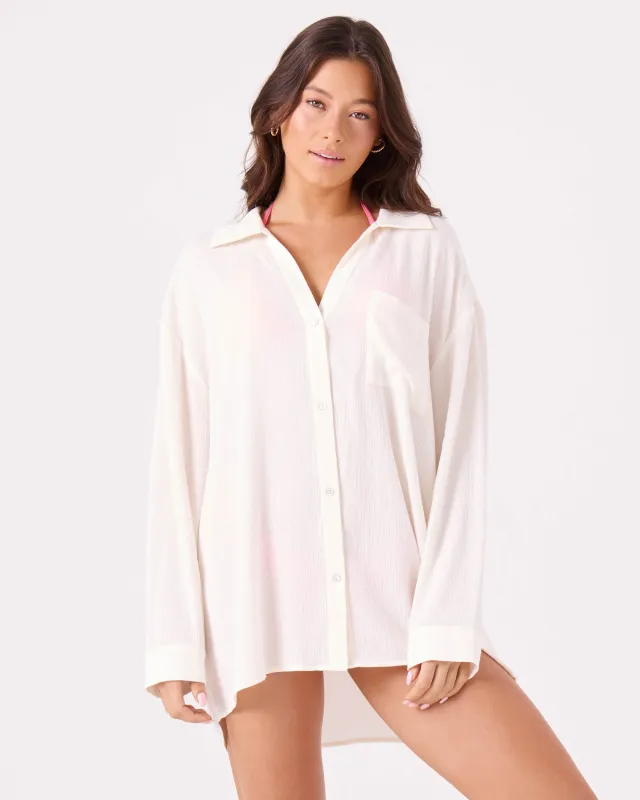 Solid Crinkle Long Sleeve Cover Up Camp Shirt sold by Roxy