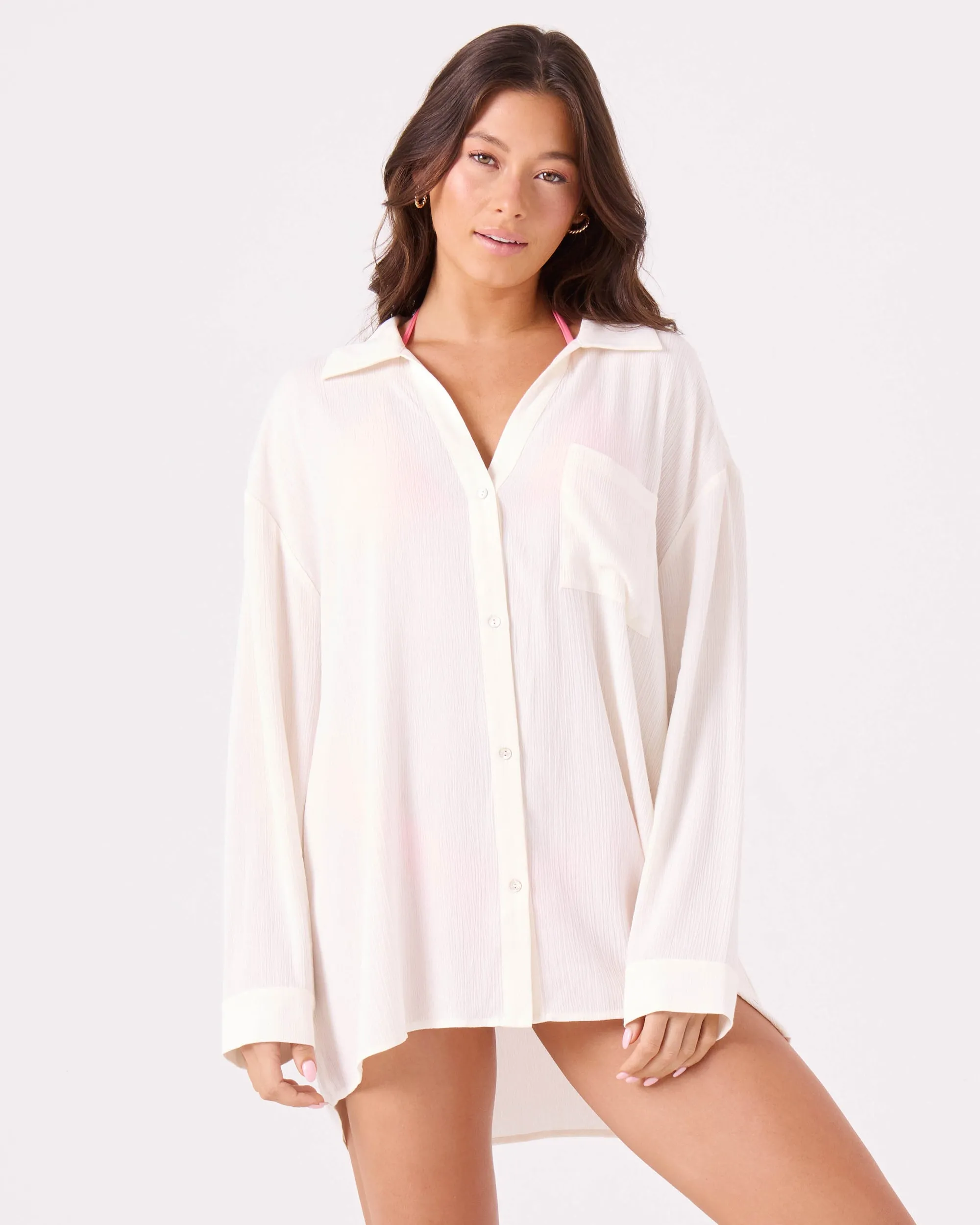 Solid Crinkle Long Sleeve Cover Up Camp Shirt sold by Roxy