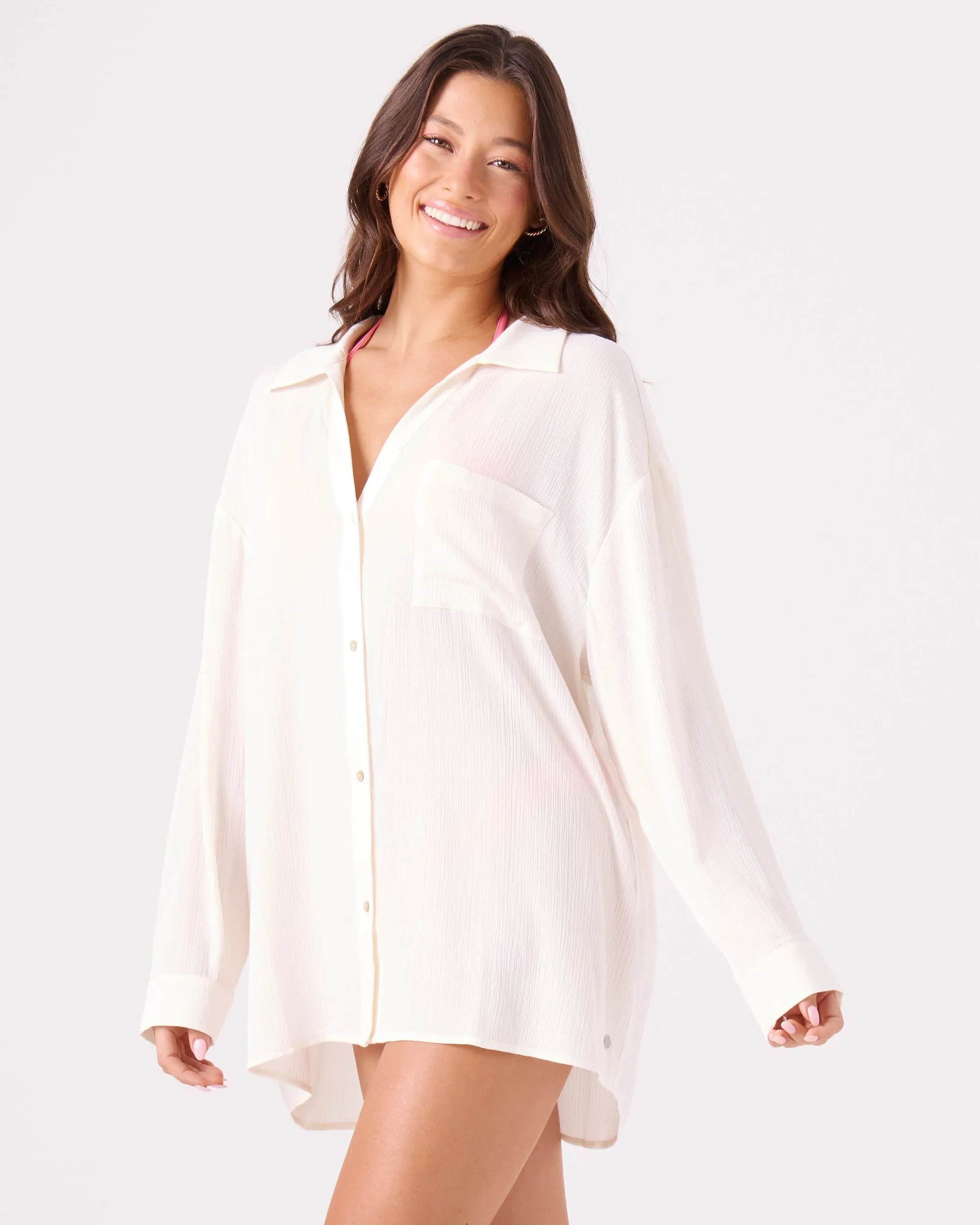 Solid Crinkle Long Sleeve Cover Up Camp Shirt sold by Roxy product image thumbnail 3