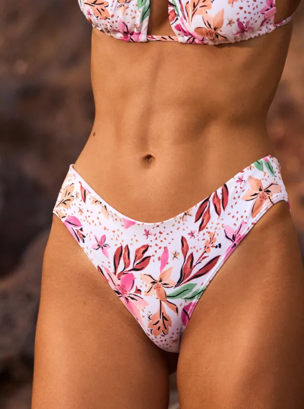 Printed Beach Classics V-Shape Cheeky Bikini Bottom - White Happy Tropical Swim sold by Roxy
