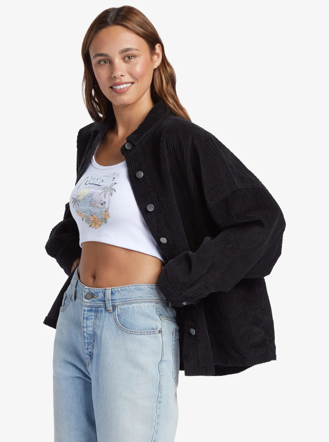 Kick Back Washed Corduroy Long Sleeve Overshirt - Anthracite sold by Roxy product image thumbnail 2