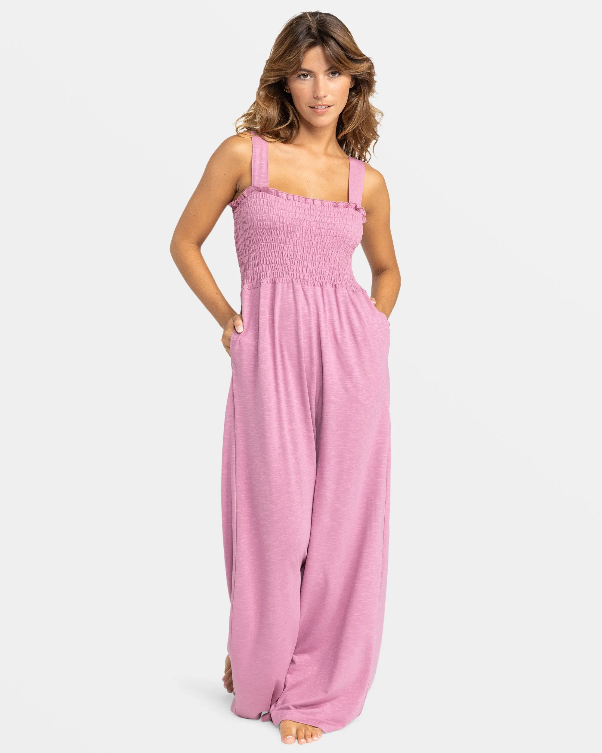 Just Passing By Smocked Jumpsuit - Mauve Orchid sold by Roxy