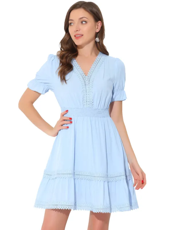 Allegra K- Boho V Neck Smocked Elastic Waist Short Sleeve Mini Dress sold by RW&CO.
