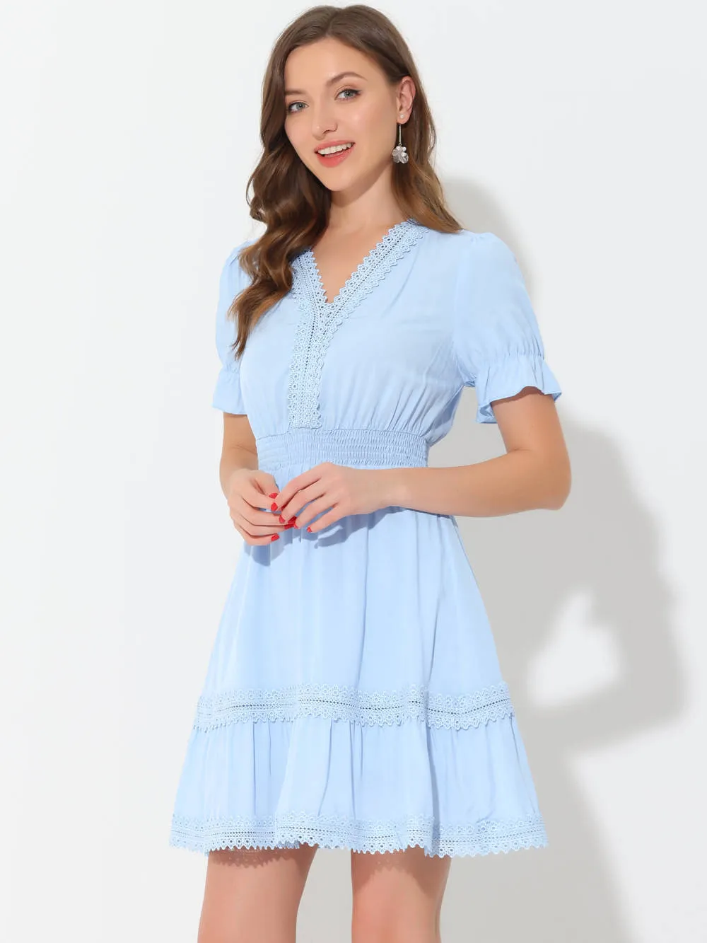 Allegra K- Boho V Neck Smocked Elastic Waist Short Sleeve Mini Dress sold by RW&CO. product image thumbnail 2