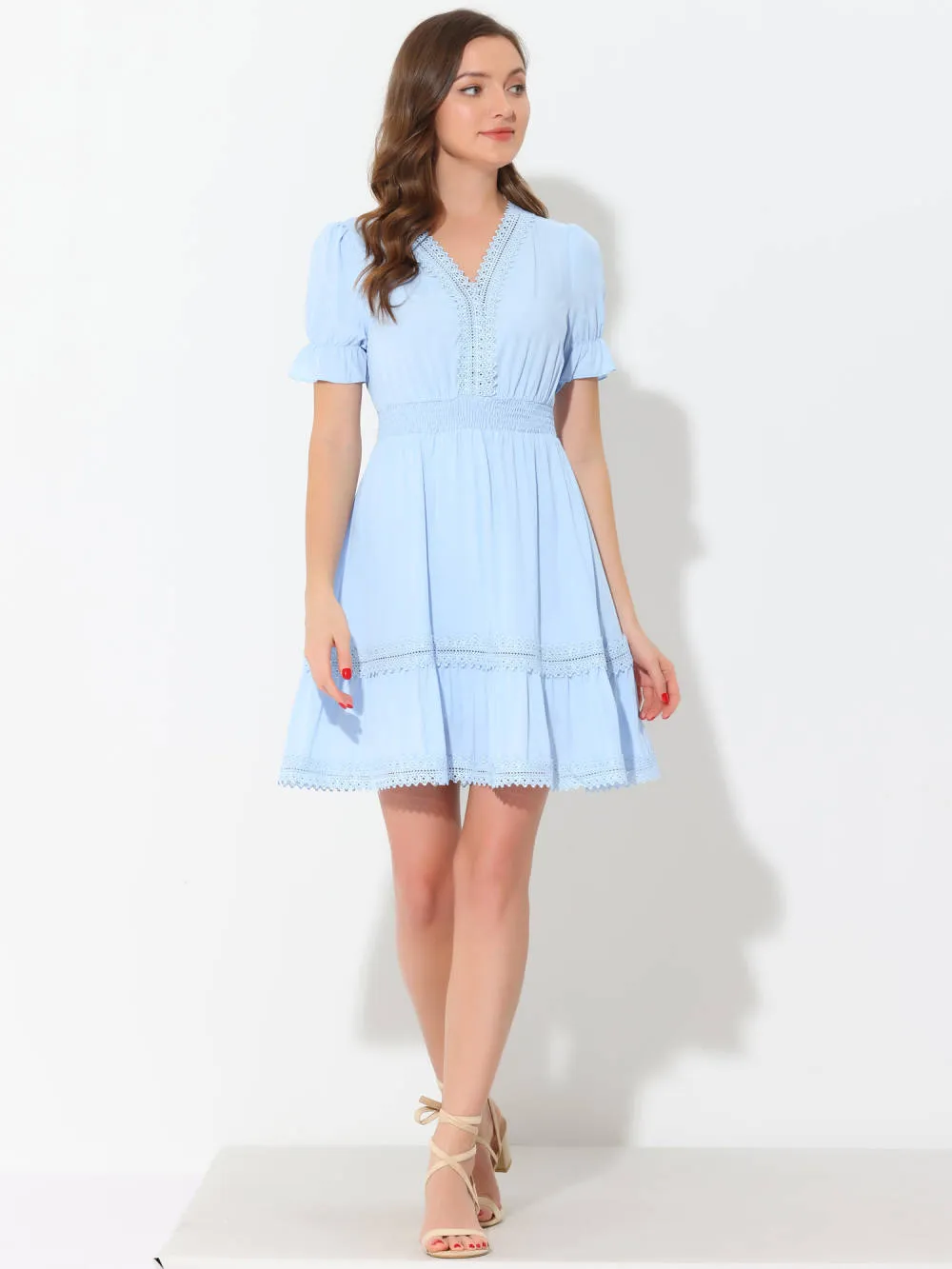 Allegra K- Boho V Neck Smocked Elastic Waist Short Sleeve Mini Dress sold by RW&CO. product image thumbnail 3