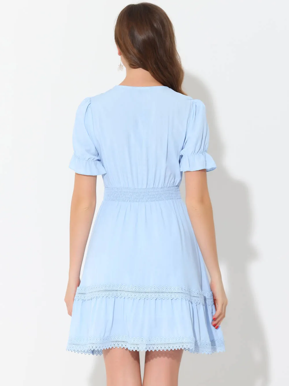 Allegra K- Boho V Neck Smocked Elastic Waist Short Sleeve Mini Dress sold by RW&CO. product image thumbnail 4