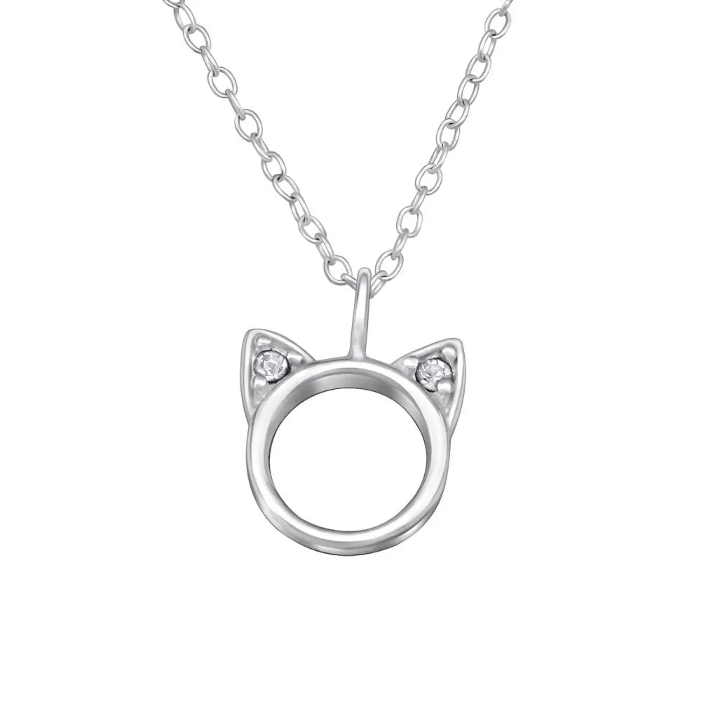 Sterling Silver Dainty Openwork Circle Cat Pendant Necklace with Cubic Zirconia - Ag Sterling sold by RW&CO.