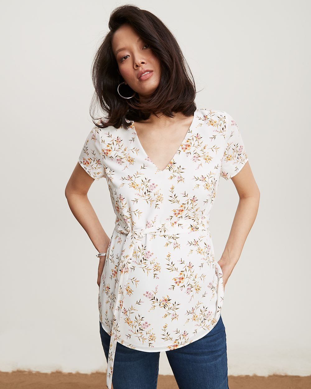 Silky Crepe V-Neck Short Sleeve Blouse with Sash - Thyme Maternity sold by RW&CO.