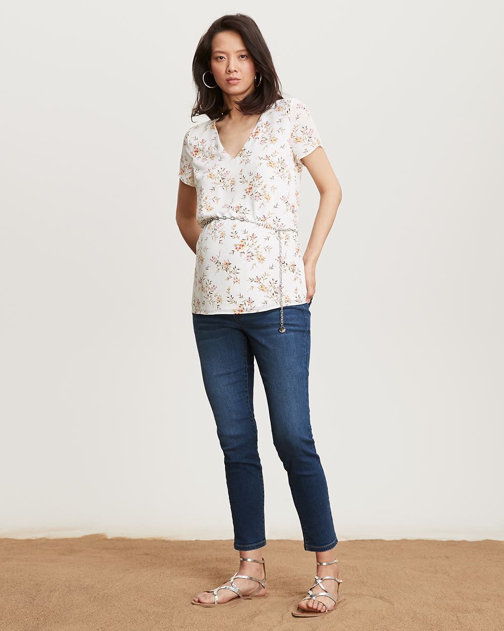 Silky Crepe V-Neck Short Sleeve Blouse with Sash - Thyme Maternity sold by RW&CO. product image thumbnail 2