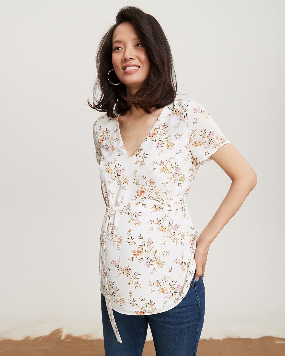 Silky Crepe V-Neck Short Sleeve Blouse with Sash - Thyme Maternity sold by RW&CO. product image thumbnail 4