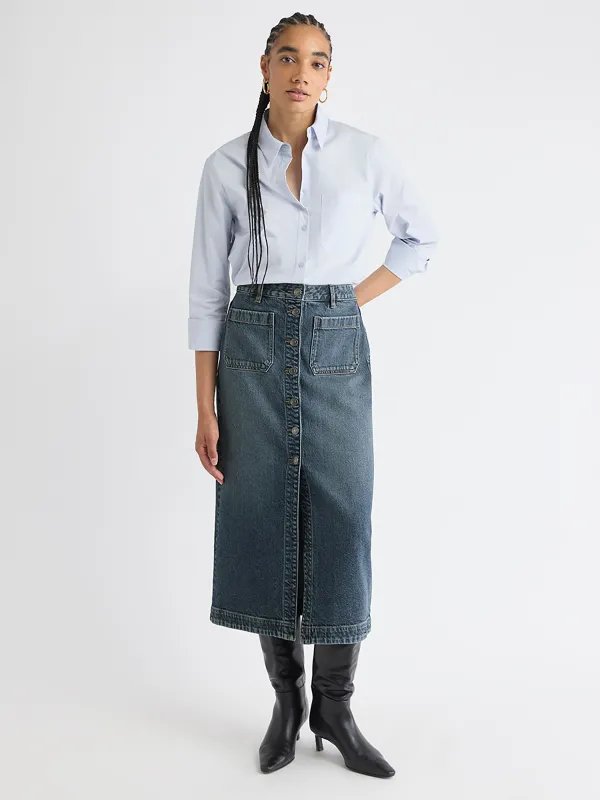 Midi Medium-Wash Flare Denim Skirt sold by RW&CO.