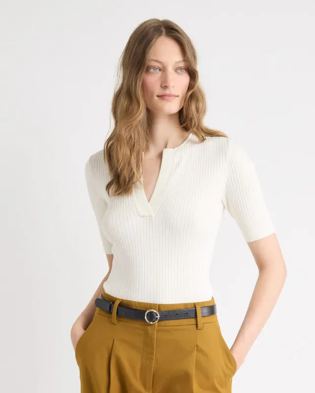Split-Neck Elbow-Sleeve Ribbed Sweater sold by RW&CO.
