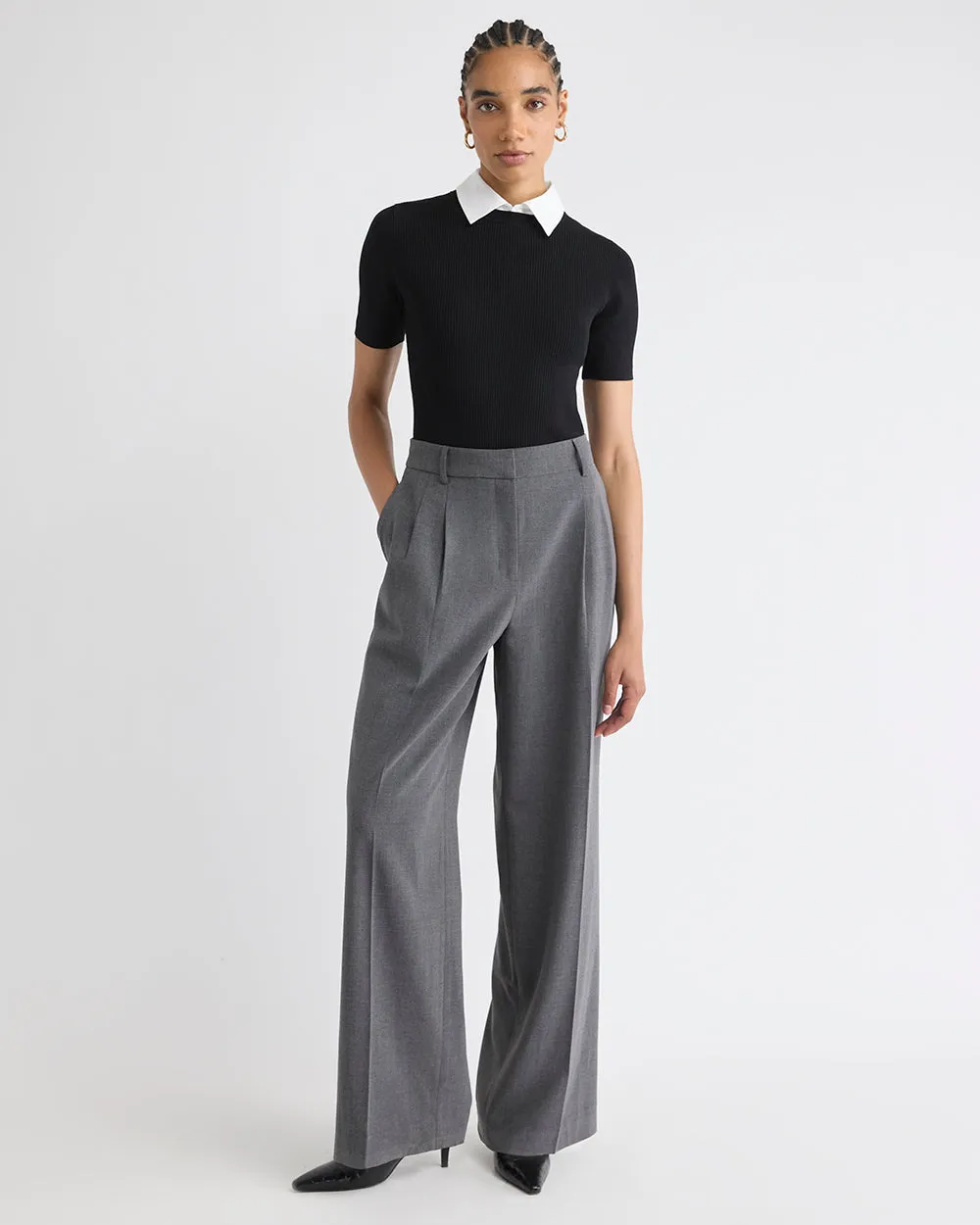 Elbow-Sleeve Ribbed Sweater with Removable Shirt Collar sold by RW&CO. product image thumbnail 2