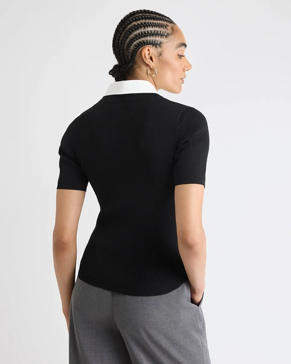 Elbow-Sleeve Ribbed Sweater with Removable Shirt Collar sold by RW&CO. product image thumbnail 3