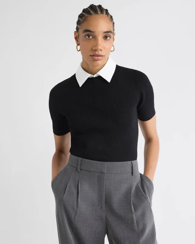 Elbow-Sleeve Ribbed Sweater with Removable Shirt Collar sold by RW&CO.