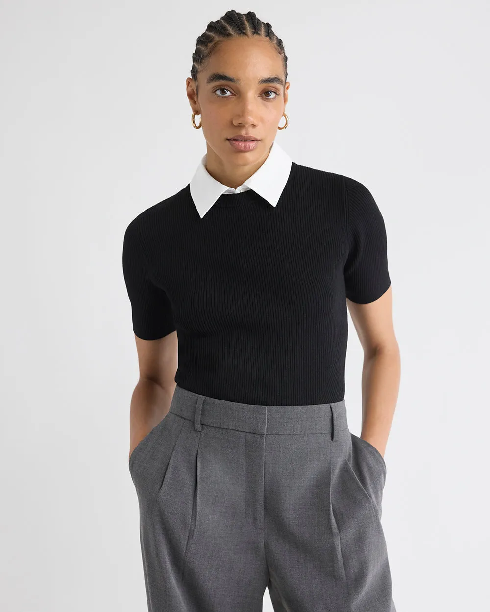 Elbow-Sleeve Ribbed Sweater with Removable Shirt Collar sold by RW&CO.
