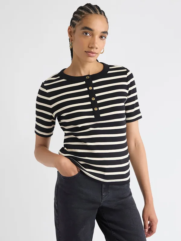 Striped Short-Sleeve Henley Ribbed Top sold by RW&CO.