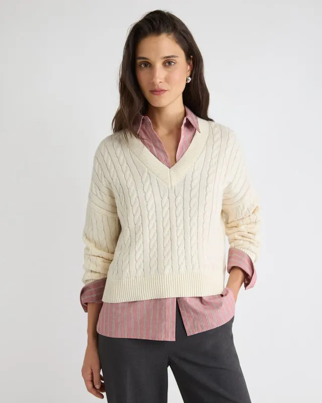 Long-Sleeve V-Neck Cable-Stitch Merino-Blend Sweater sold by RW&CO.