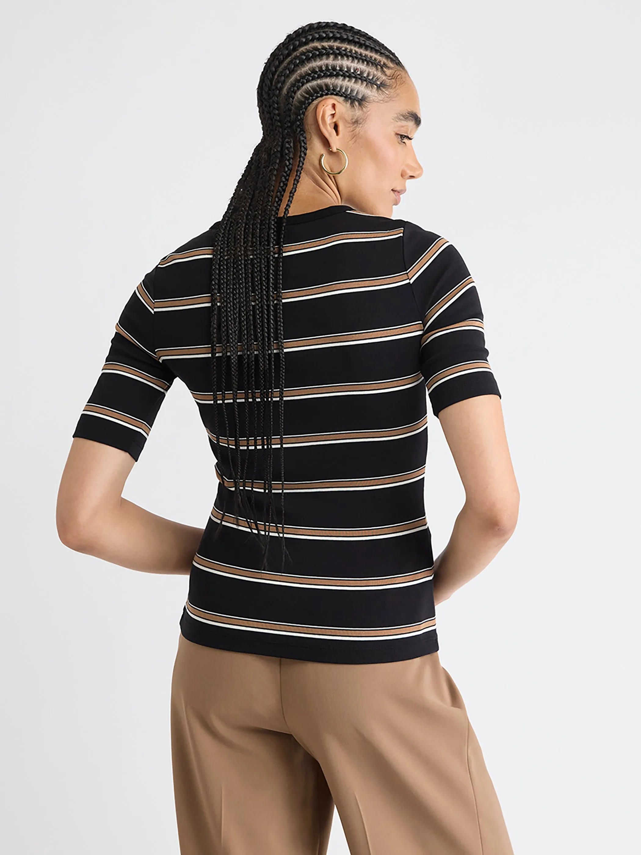 Striped Elbow-Sleeve Crew-Neck Fitted Tee sold by RW&CO. product image thumbnail 3