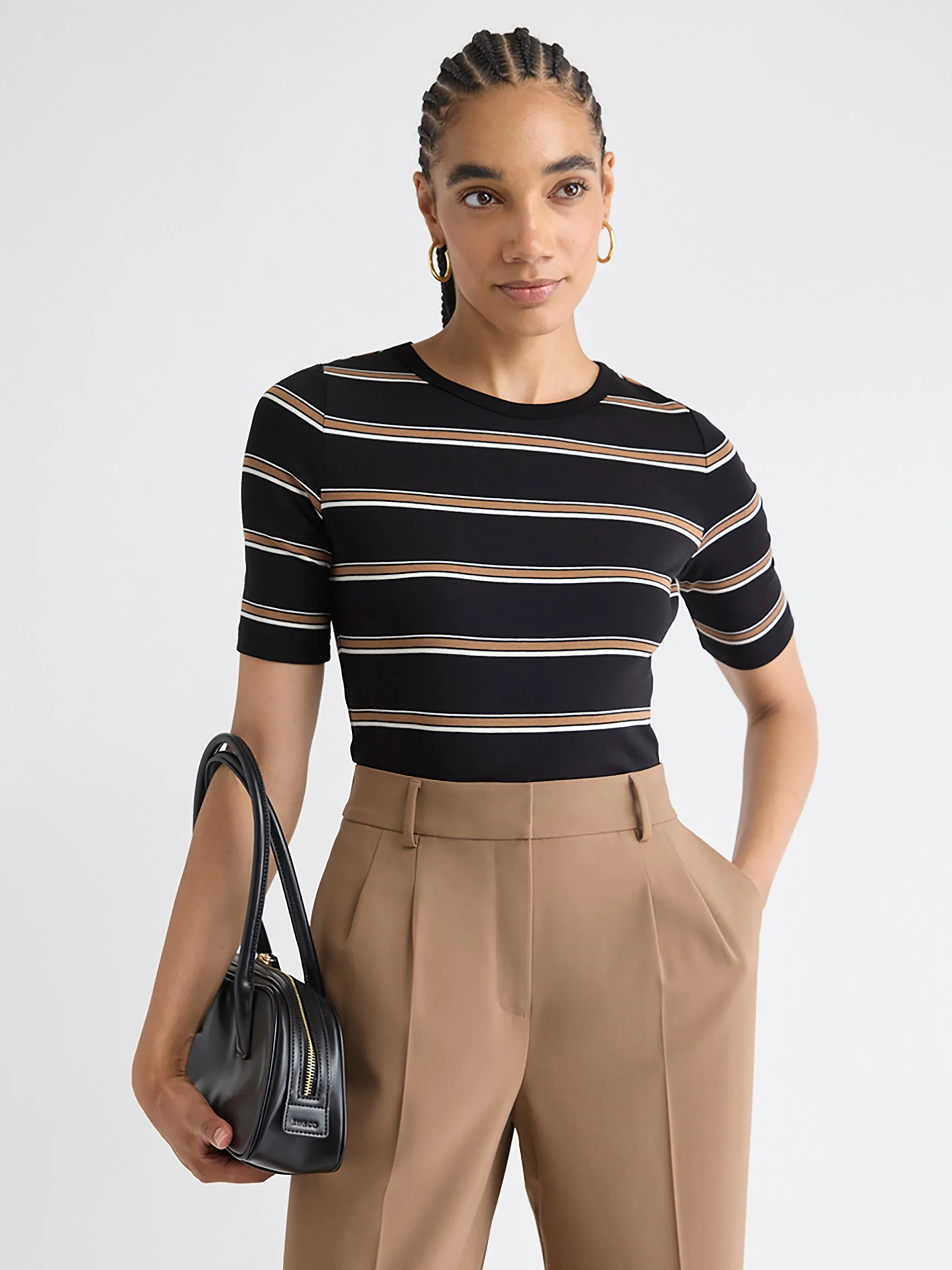 Striped Elbow-Sleeve Crew-Neck Fitted Tee sold by RW&CO.