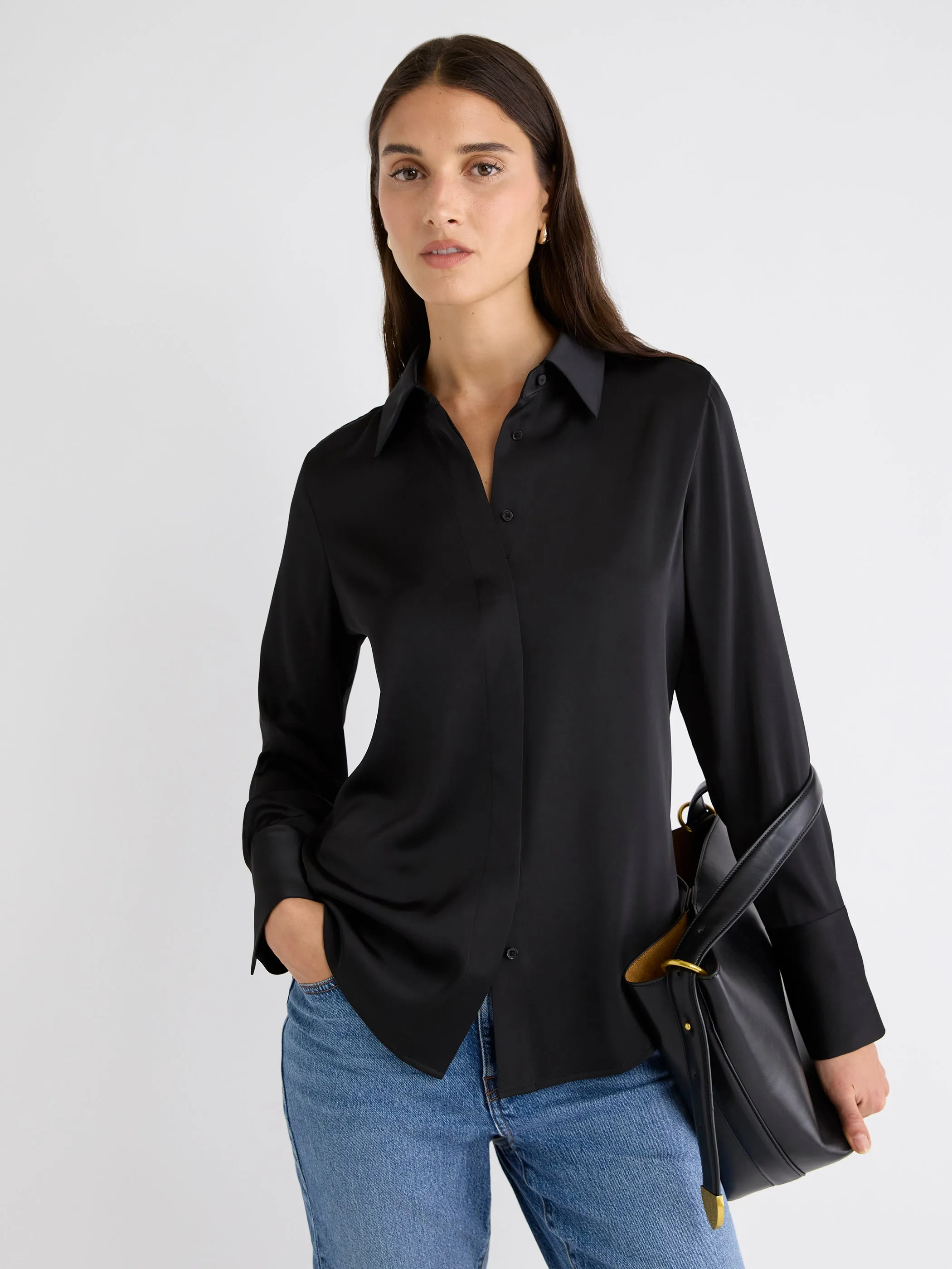 Satin Long-Sleeve Buttoned-Down Blouse sold by RW&CO.