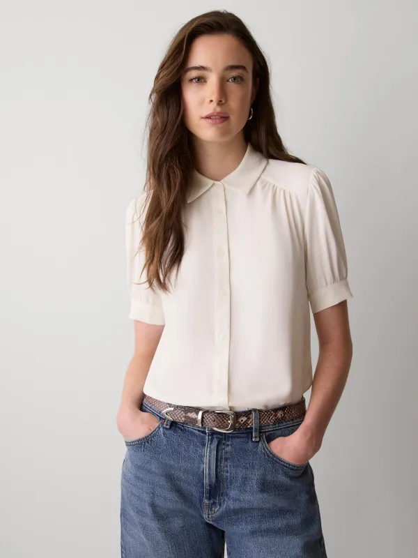 Silky Crepe Short-Sleeve Buttoned-Down Blouse sold by RW&CO.