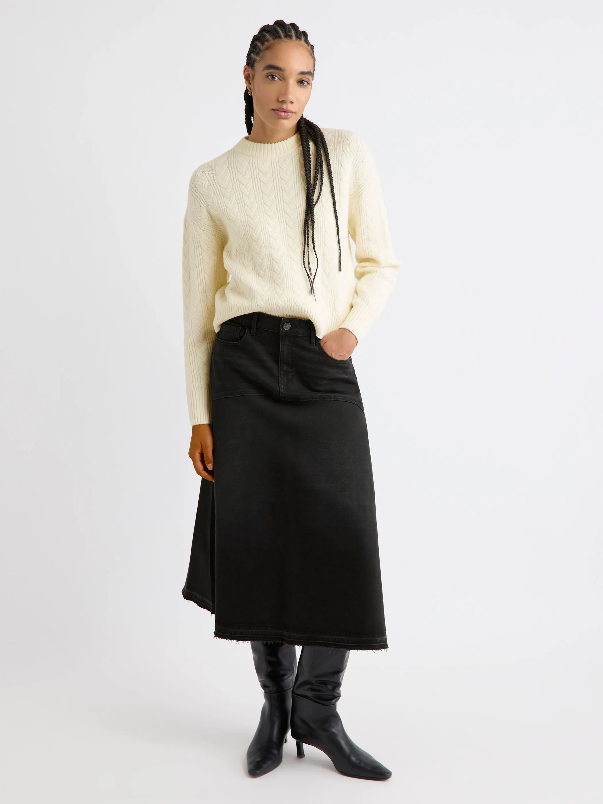 Grey Flare Midi Denim Skirt sold by RW&CO.