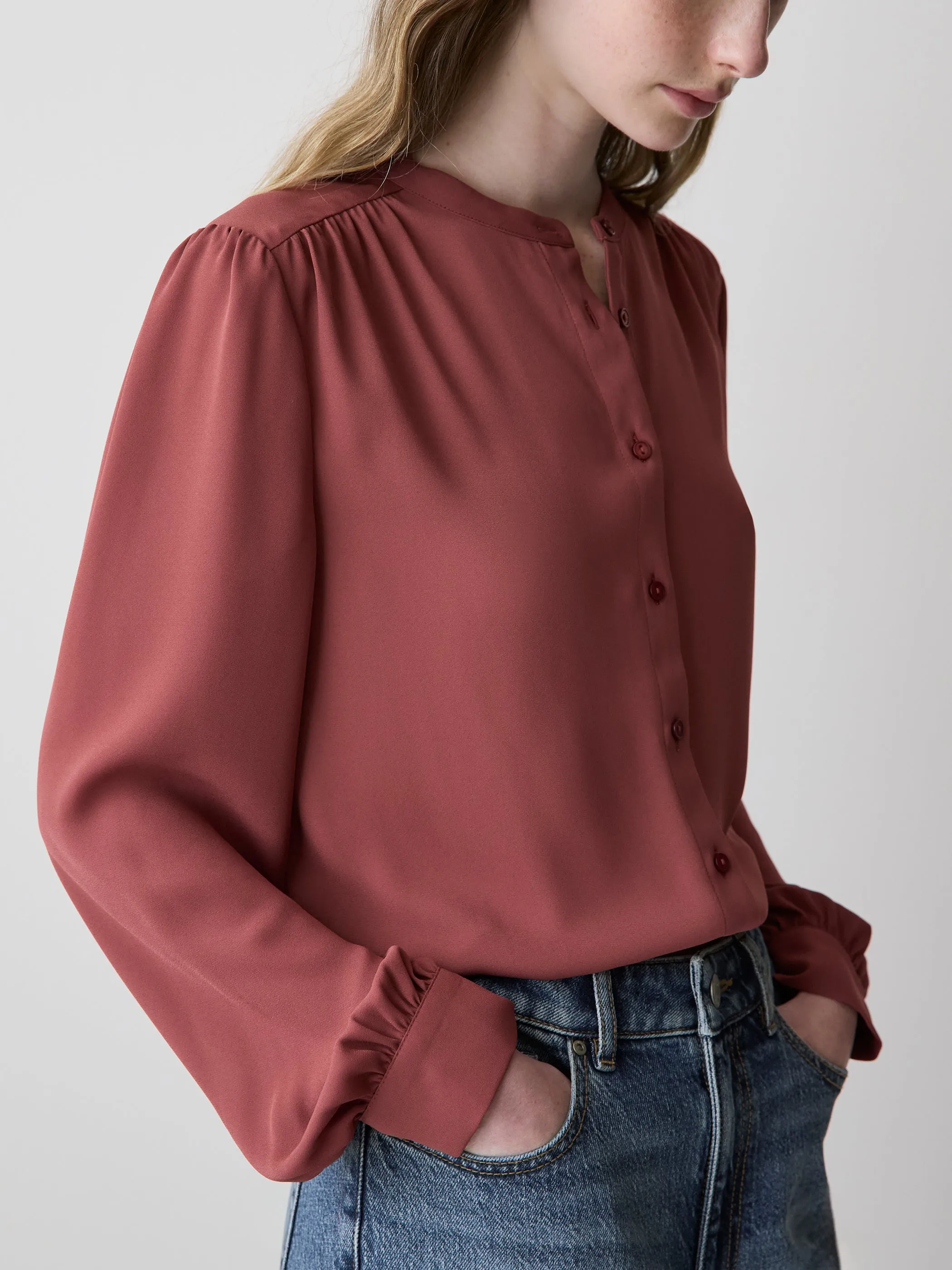 Silky Crepe Long-Sleeve Buttoned-Down Blouse sold by RW&CO. product image thumbnail 4