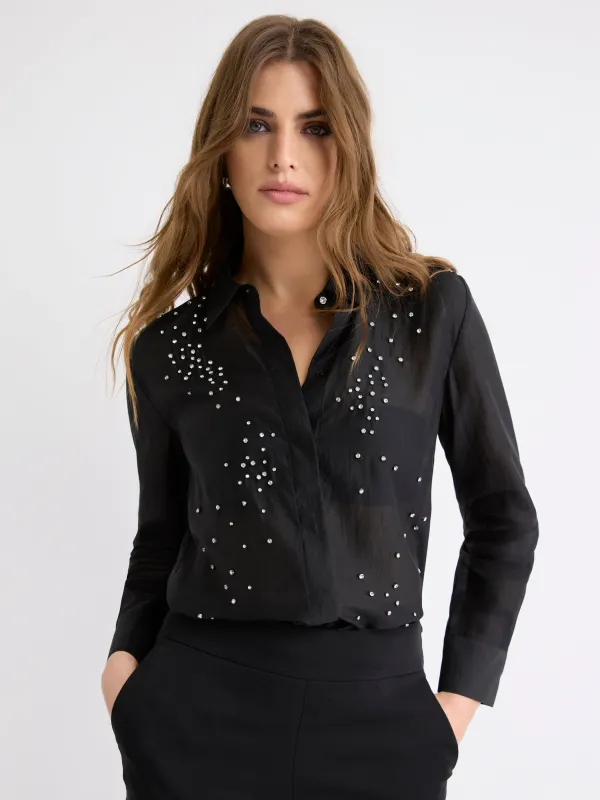 Long-Sleeve Buttoned-Down Blouse with Rhinestones sold by RW&CO.