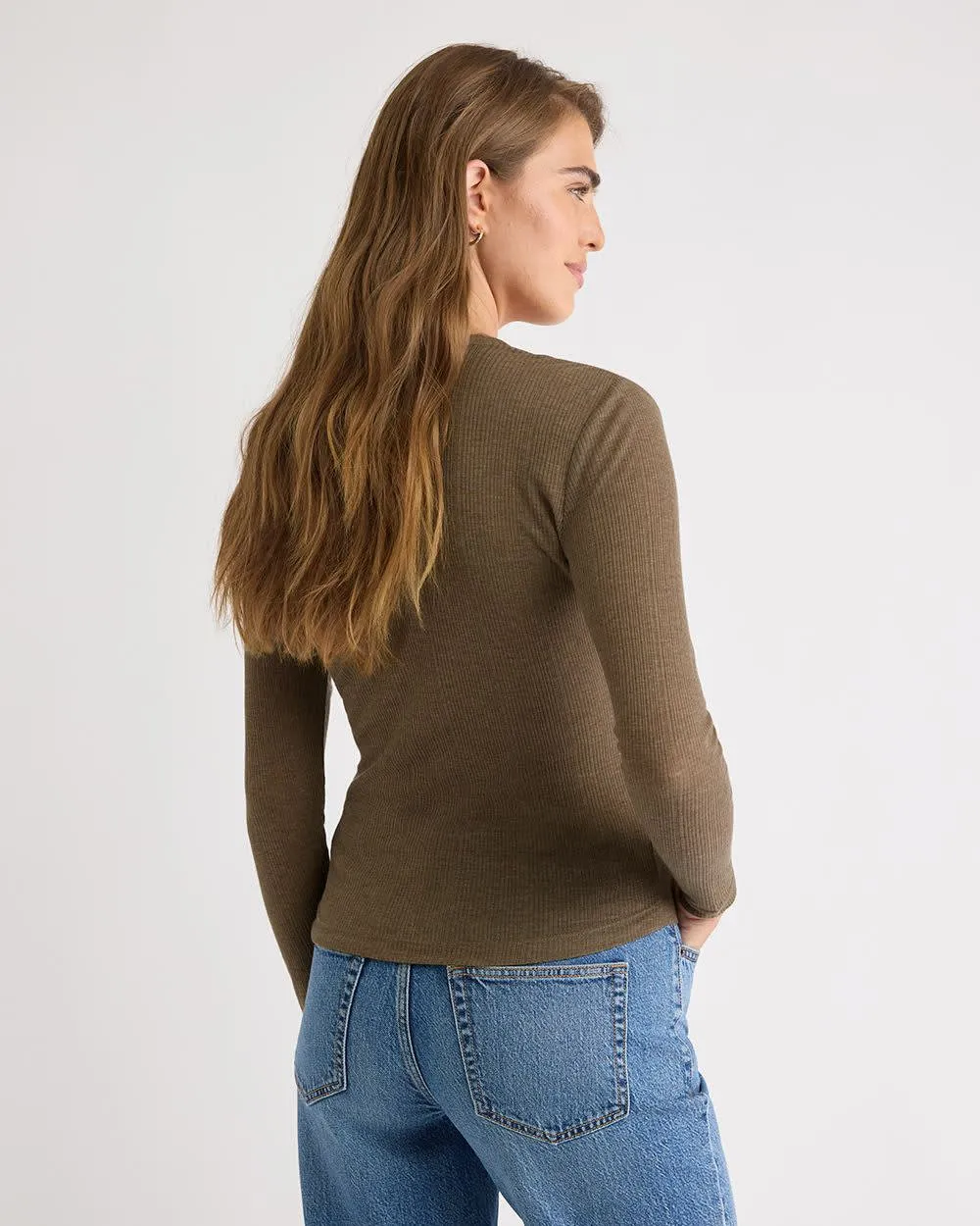 Long-Sleeve Henley-Neck Wool-Blend Ribbed Top sold by RW&CO. product image thumbnail 3