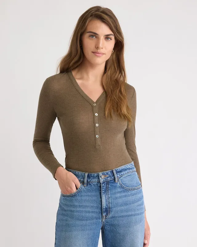 Long-Sleeve Henley-Neck Wool-Blend Ribbed Top sold by RW&CO.