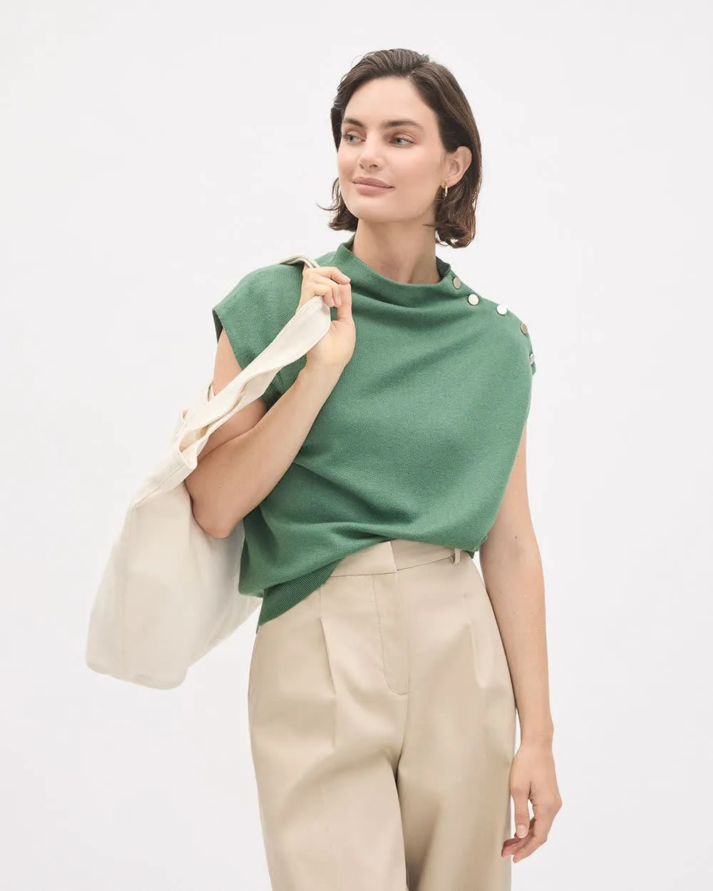 Sleeveless Mock-Neck Sweater with Buttons at Shoulder sold by RW&CO.