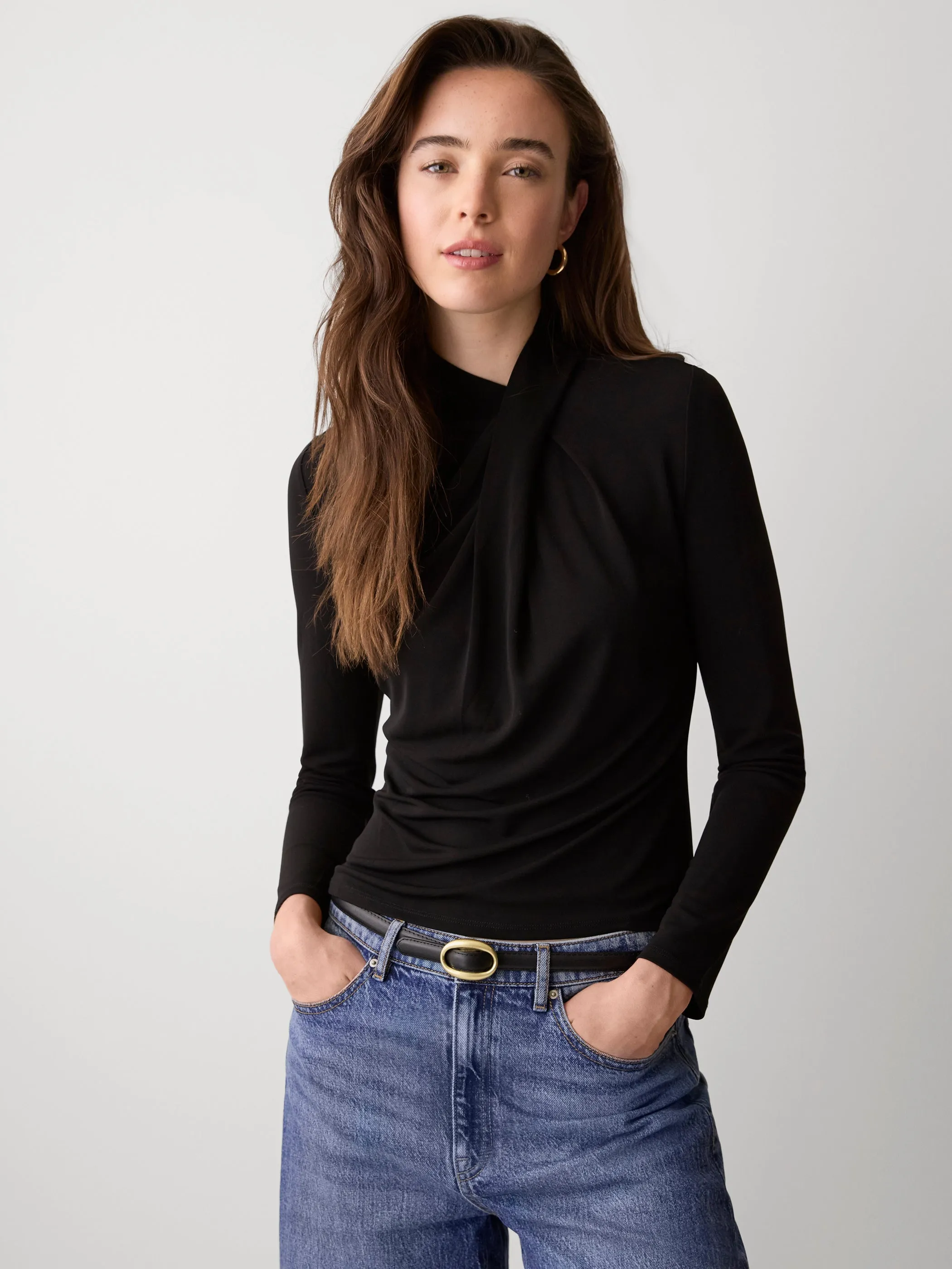 Long-Sleeve Top with Crossover Draped Mock Neckline sold by RW&CO.