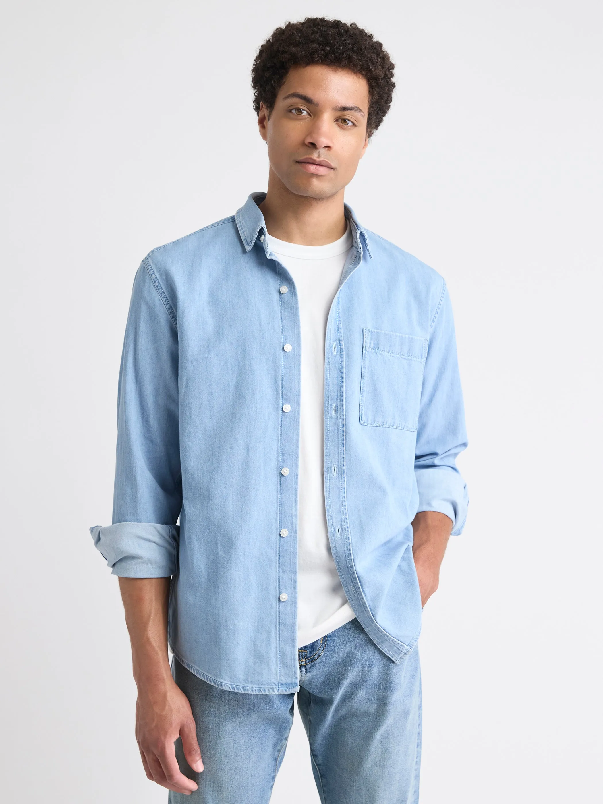 Long-Sleeve Denim Shirt with Chest Pocket sold by RW&CO.