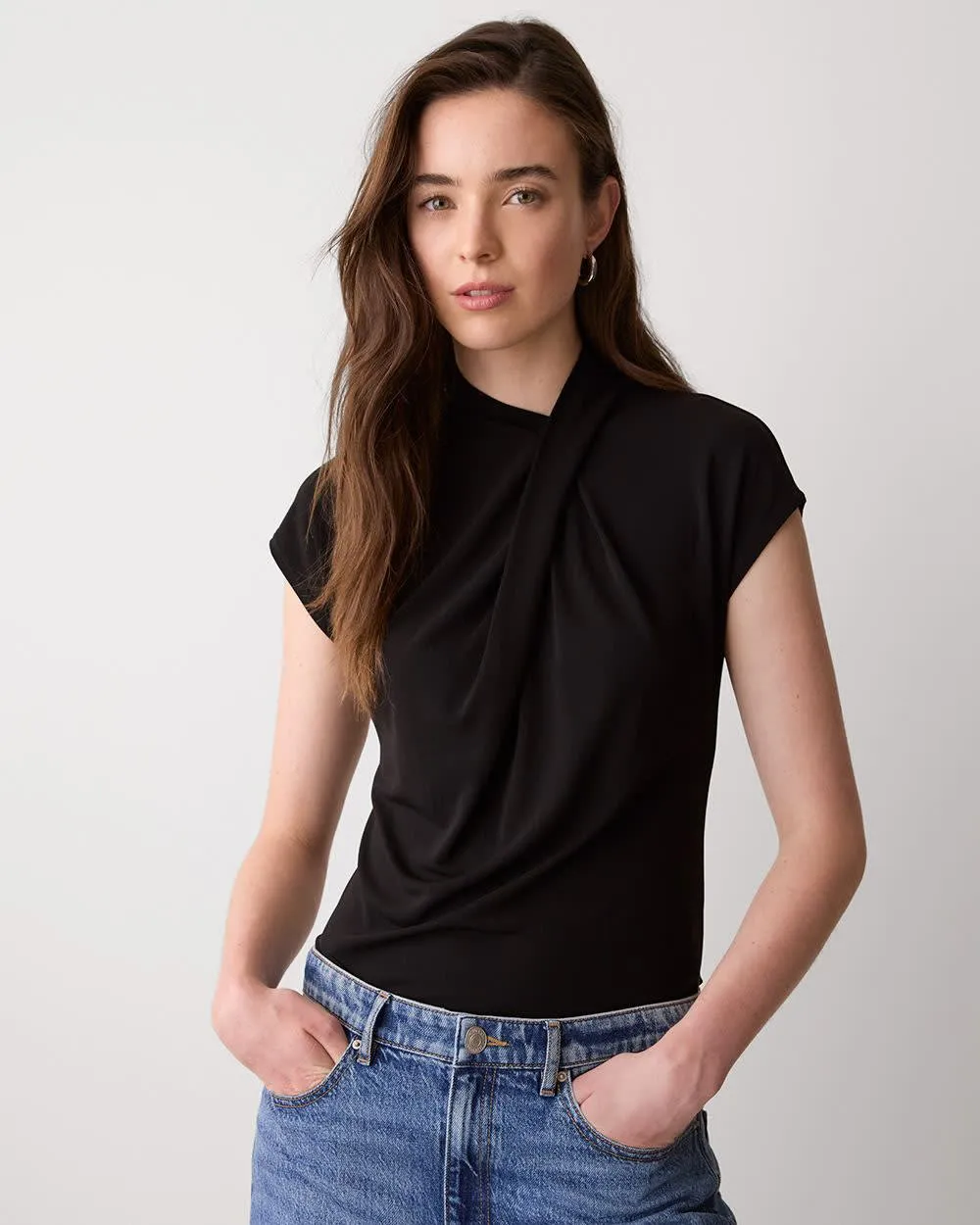 Extended-Sleeve Top with Crossover Draped Mock Neckline sold by RW&CO.