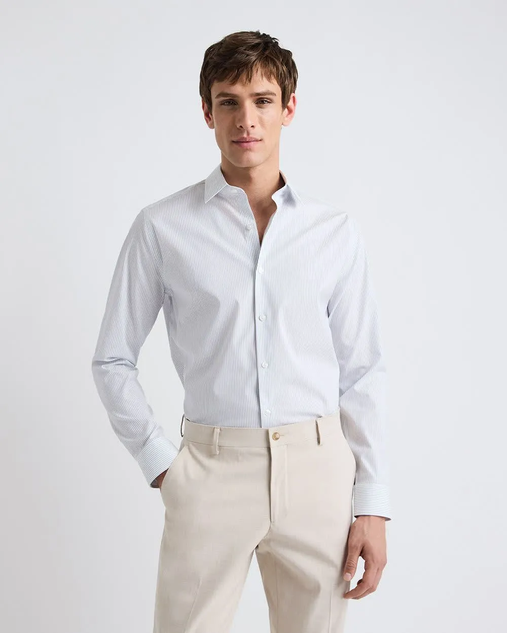 White Tailored-Fit Dress Shirt with Blue Stripes sold by RW&CO. product image thumbnail 4