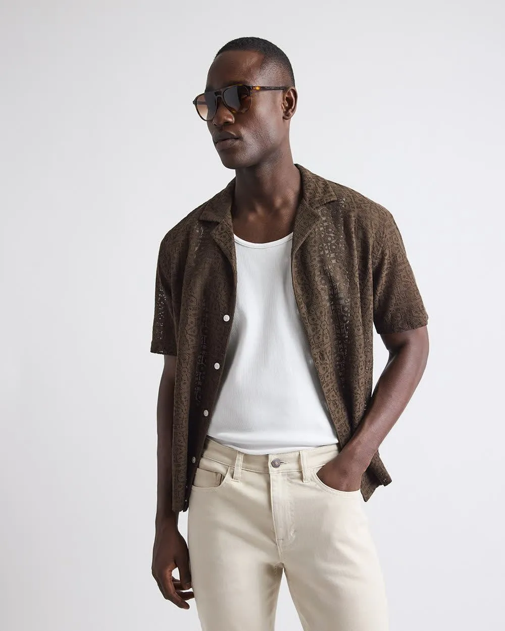 Short-Sleeve Lace Shirt with Camp Collar sold by RW&CO.