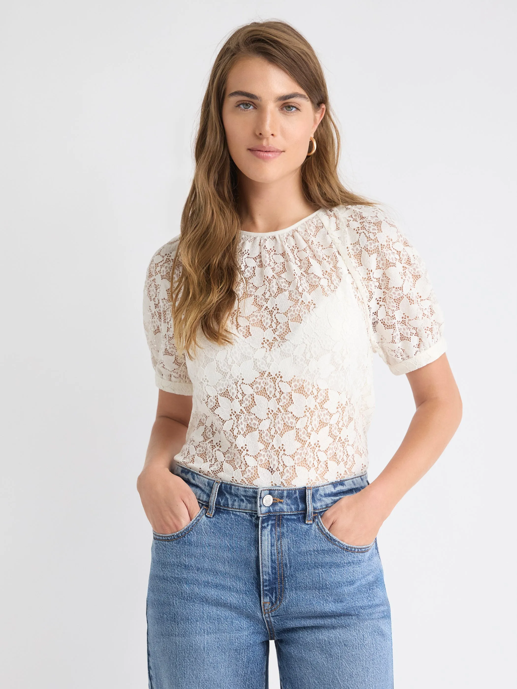 Short-Sleeve Crew-Neck Lace Blouse sold by RW&CO.
