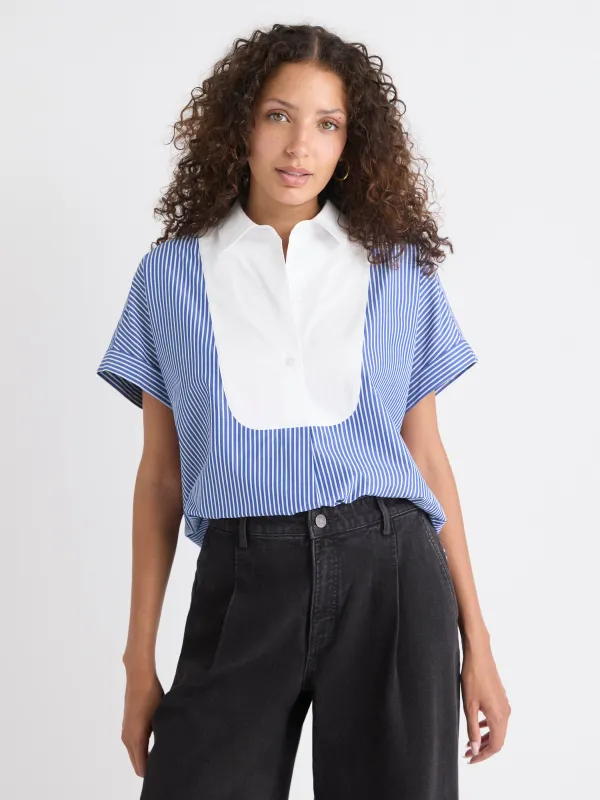 Striped Extended-Sleeve Poplin Bib Blouse with Shirt Collar made by RW&CO.
