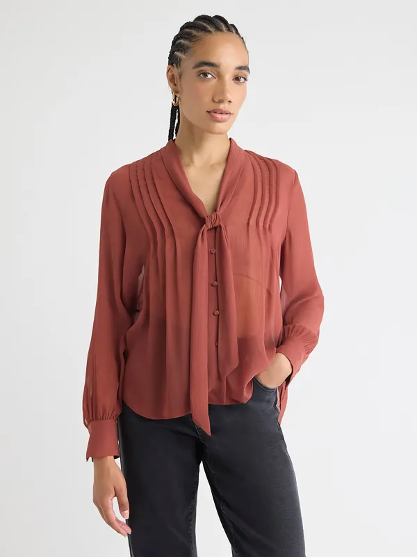 Long-Sleeve V-Neck Blouse with Ribbon at Neckline made by RW&CO.