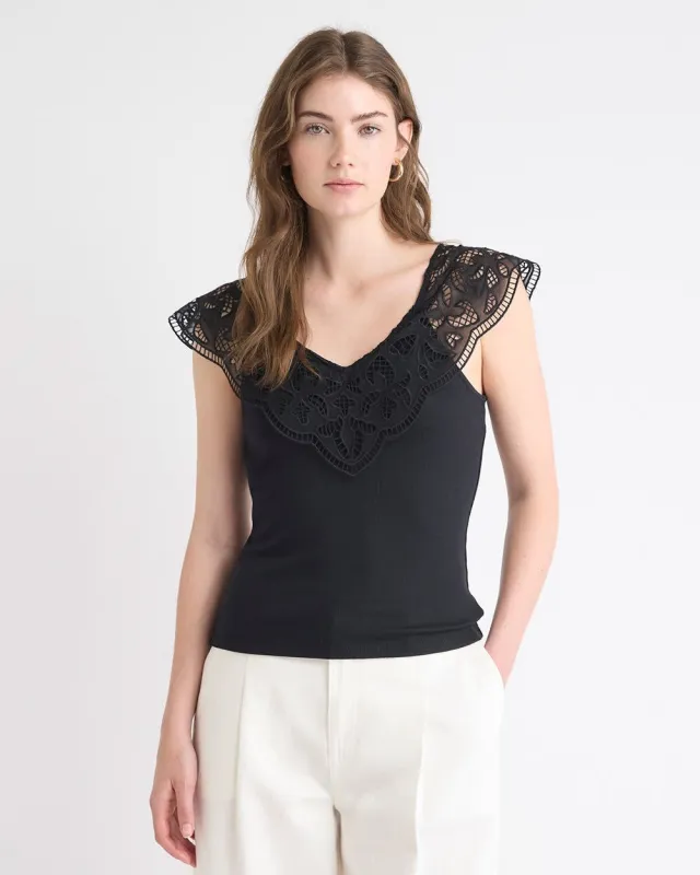 V-Neck Ribbed Top with Short Flutter Sleeves sold by RW&CO.