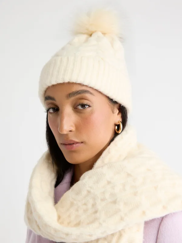 Cable-Knit Beanie with Pompom sold by RW&CO.